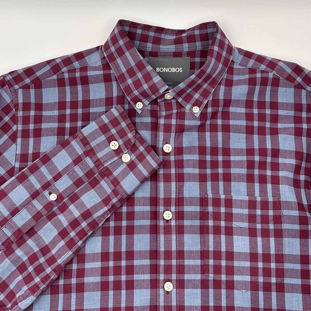 Bonobos Shirt Mens S Slim Fit Burgundy Blue Plaid Button Down Long Sleeve Cotton